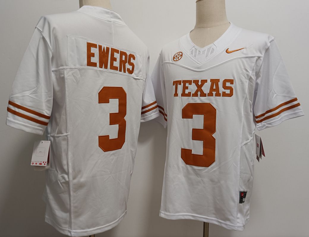 Men Texas Longhorns #3 Ewers White Nike 2025 NCAA Jersey style 1